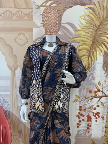 Trendy Draped Georgette Saree with Embroidered Mirror Jacket Party Ready Style Ready To Wear Saree 
