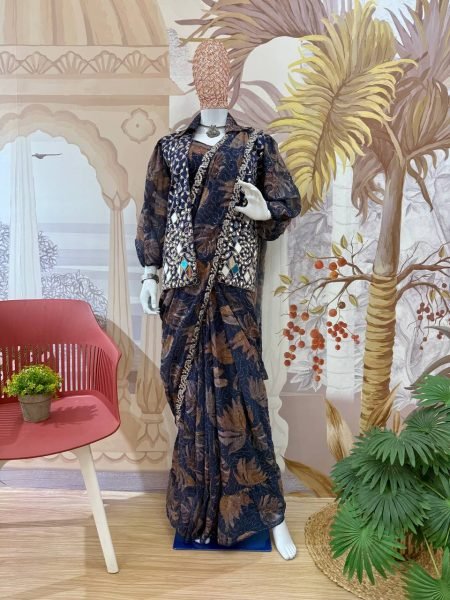 Trendy Draped Georgette Saree with Embroidered Mirror Jacket Party Ready Style Ready To Wear Saree 