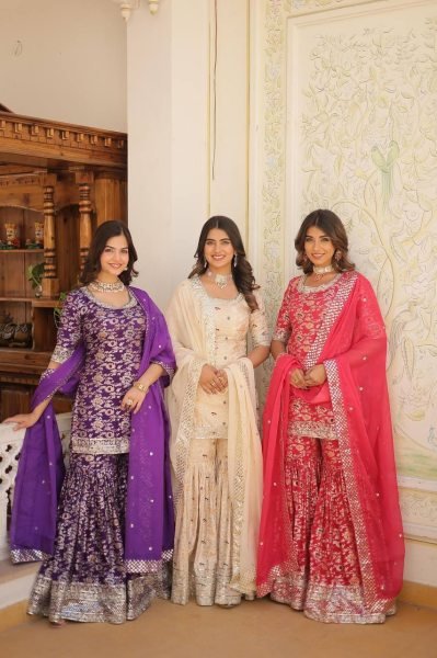 Ready to Wear  Off White Kurti Gharara in Viscose Jacquerd  and Embroidery Sequence work with Russion Silk Dupatta  Sharara Set