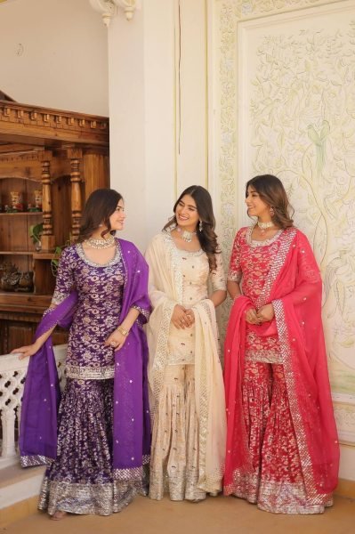 Ready to Wear  Off White Kurti Gharara in Viscose Jacquerd  and Embroidery Sequence work with Russion Silk Dupatta  Sharara Set