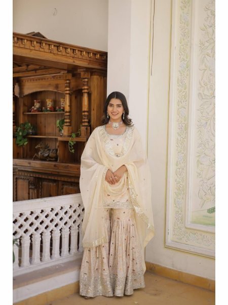 Ready to Wear  Off White Kurti Gharara in Viscose Jacquerd  and Embroidery Sequence work with Russion Silk Dupatta  Sharara Set