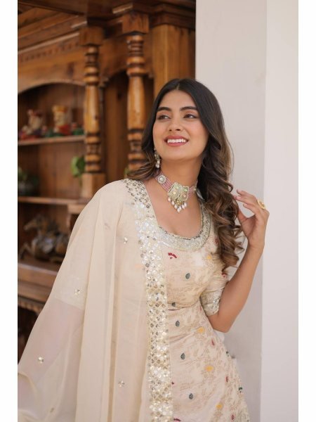 Ready to Wear  Off White Kurti Gharara in Viscose Jacquerd  and Embroidery Sequence work with Russion Silk Dupatta  Sharara Set