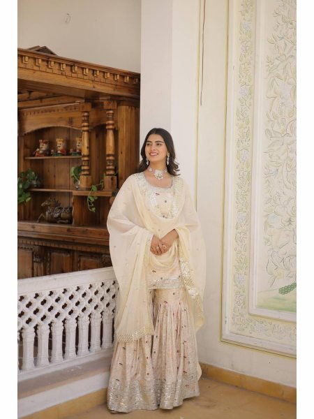Ready to Wear  Off White Kurti Gharara in Viscose Jacquerd  and Embroidery Sequence work with Russion Silk Dupatta  Sharara Set