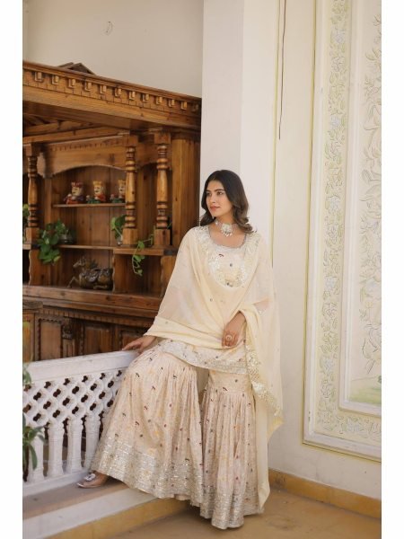 Ready to Wear  Off White Kurti Gharara in Viscose Jacquerd  and Embroidery Sequence work with Russion Silk Dupatta  Sharara Set