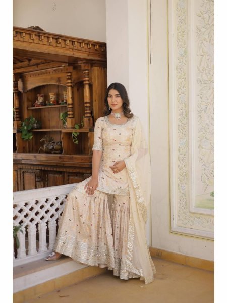Ready to Wear  Off White Kurti Gharara in Viscose Jacquerd  and Embroidery Sequence work with Russion Silk Dupatta  Sharara Set