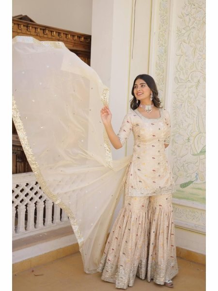 Ready to Wear  Off White Kurti Gharara in Viscose Jacquerd  and Embroidery Sequence work with Russion Silk Dupatta  Sharara Set