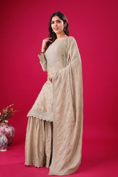 Ready to Wear Light Grey Chinon Silk Embroidered Sharara Suit with Dupatta for Women In India   Ready To Wear Collection