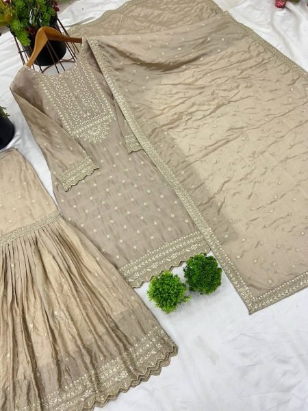 Ready to Wear Light Grey Chinon Silk Embroidered Sharara Suit with Dupatta for Women In India   Ready To Wear Collection