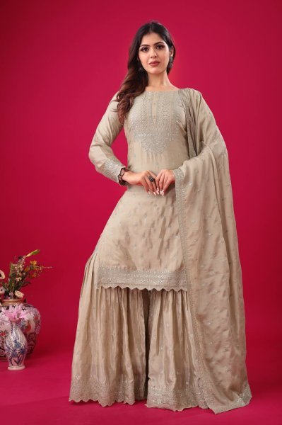 Ready to Wear Light Grey Chinon Silk Embroidered Sharara Suit with Dupatta for Women In India   Ready To Wear Collection