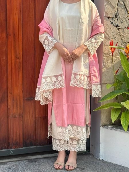 Ready to Wear Maslin Kurti Set Digital Print Lace Work and Matching Dupatta Elegant Ethnic Style  Straight Cut Long Kurtis