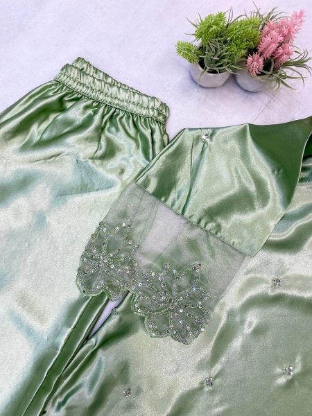 Ready to Wear Moss Satin Suit with Beads Work    Organza Dupatta Pista Green  Ready To Wear Collection