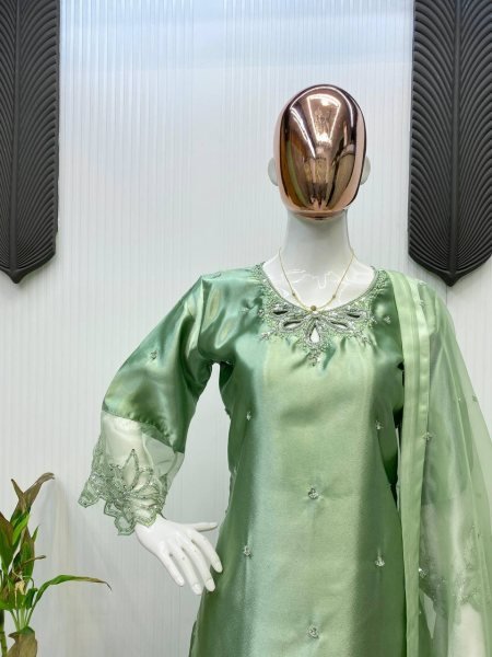 Ready to Wear Moss Satin Suit with Beads Work    Organza Dupatta Pista Green  Ready To Wear Collection