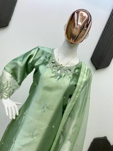 Ready to Wear Moss Satin Suit with Beads Work    Organza Dupatta Pista Green  Ready To Wear Collection