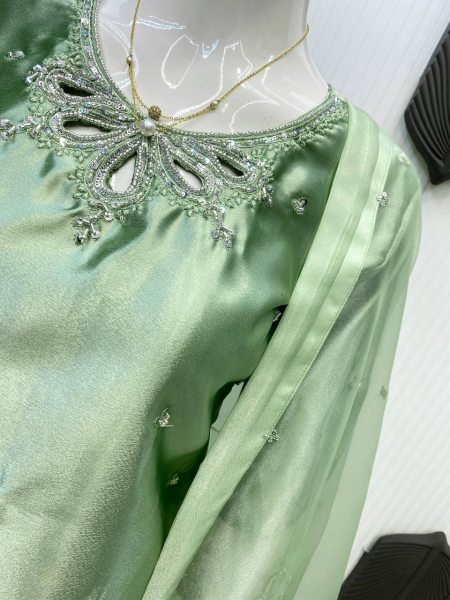 Ready to Wear Moss Satin Suit with Beads Work    Organza Dupatta Pista Green  Ready To Wear Collection