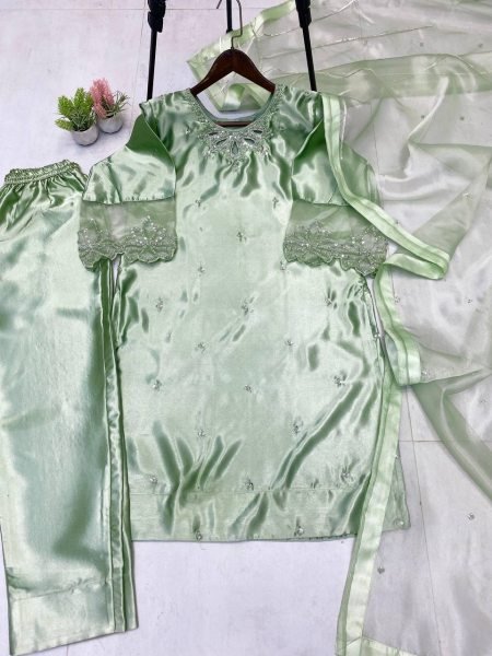 Ready to Wear Moss Satin Suit with Beads Work    Organza Dupatta Pista Green  Ready To Wear Collection