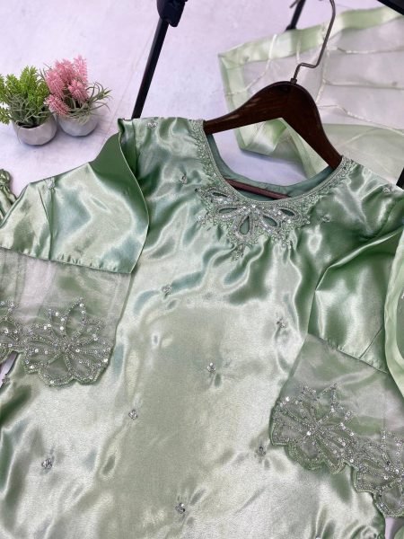 Ready to Wear Moss Satin Suit with Beads Work    Organza Dupatta Pista Green  Ready To Wear Collection
