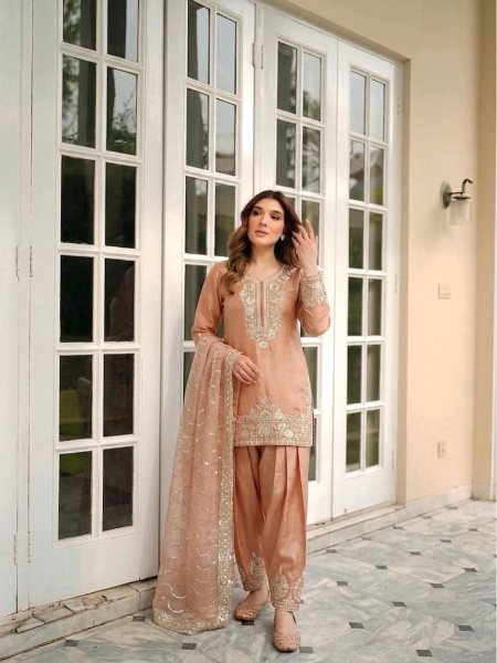 Ready to Wear Peach Moss Silk Embroidered Farshi Palazzo Suit with Matching Dupatta 