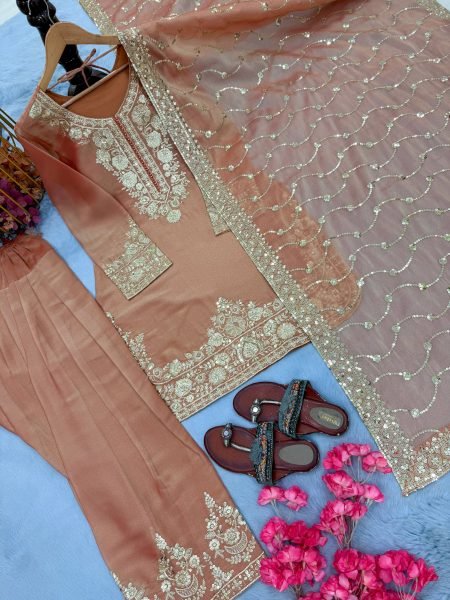 Ready to Wear Peach Moss Silk Embroidered Farshi Palazzo Suit with Matching Dupatta Ready To Wear Collection
