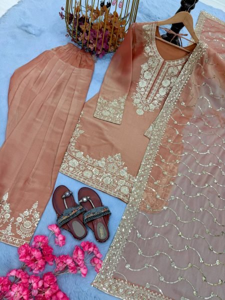 Ready to Wear Peach Moss Silk Embroidered Farshi Palazzo Suit with Matching Dupatta Ready To Wear Collection