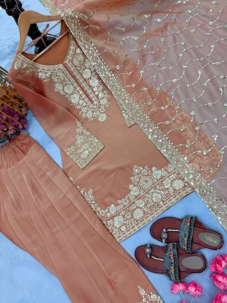 Ready to Wear Peach Moss Silk Embroidered Farshi Palazzo Suit with Matching Dupatta Ready To Wear Collection