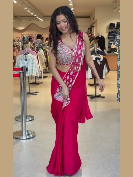 Ready to Wear Pink Georgette Saree with Beads Work for Party Wear Ready To Wear Saree 