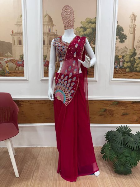 Ready to Wear Pink Georgette Saree with Beads Work for Party Wear Ready To Wear Saree 