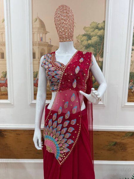 Ready to Wear Pink Georgette Saree with Beads Work for Party Wear Ready To Wear Saree 