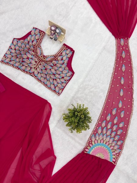 Ready to Wear Pink Georgette Saree with Beads Work for Party Wear Ready To Wear Saree 