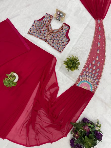 Ready to Wear Pink Georgette Saree with Beads Work for Party Wear Ready To Wear Saree 