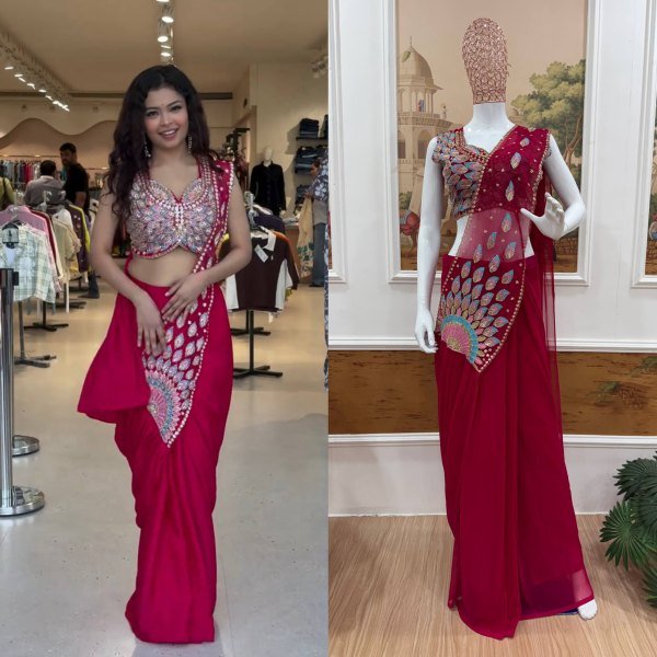 Ready to Wear Pink Georgette Saree with Beads Work for Party Wear Ready To Wear Saree 