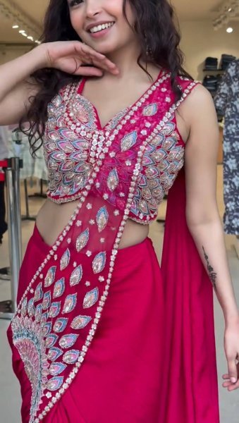 Ready to Wear Pink Georgette Saree with Beads Work for Party Wear Ready To Wear Saree 