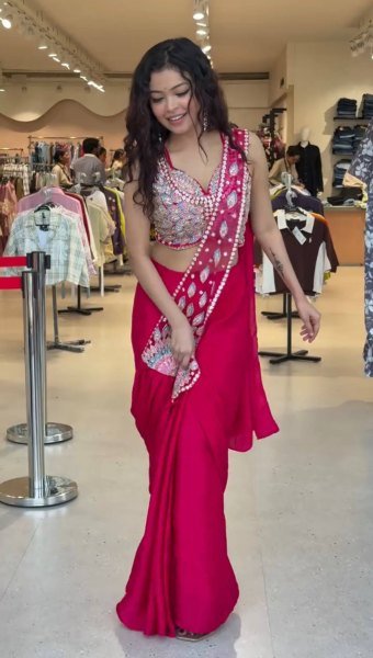 Ready to Wear Pink Georgette Saree with Beads Work for Party Wear Ready To Wear Saree 