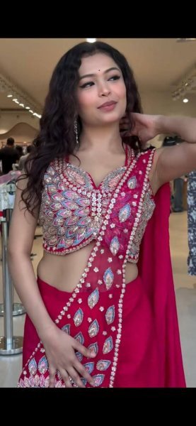 Ready to Wear Pink Georgette Saree with Beads Work for Party Wear Ready To Wear Saree 