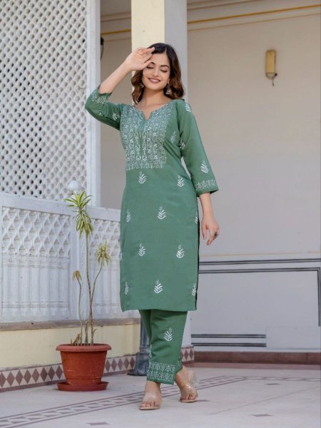 Ready-to-Wear Pista Green Roman Silk Kurti Bottom Set with Embroidery for Office and Festive Wear  Kurtis