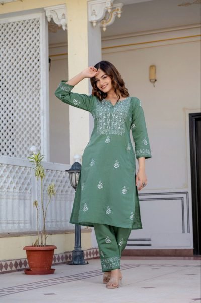 Ready-to-Wear Pista Green Roman Silk Kurti Bottom Set with Embroidery for Office and Festive Wear  Embroidery Kurtis 