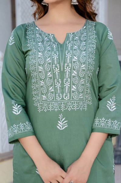 Ready-to-Wear Pista Green Roman Silk Kurti Bottom Set with Embroidery for Office and Festive Wear  Embroidery Kurtis 