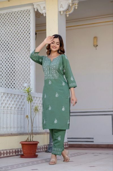 Ready-to-Wear Pista Green Roman Silk Kurti Bottom Set with Embroidery for Office and Festive Wear  Embroidery Kurtis 