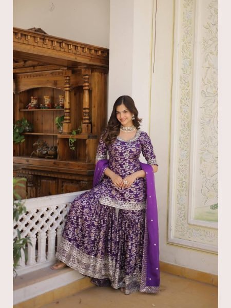 Ready to Wear wine  Kurti Gharara in Viscose Jacquerd  and Embroidery Sequence work with Russion Silk Dupatta  Sharara Set