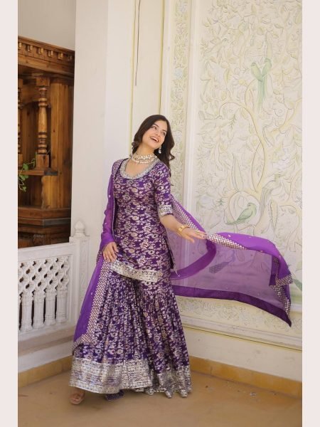 Ready to Wear wine  Kurti Gharara in Viscose Jacquerd  and Embroidery Sequence work with Russion Silk Dupatta  Sharara Set