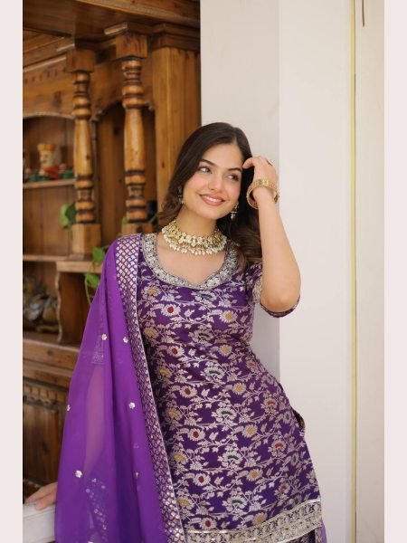 Ready to Wear wine  Kurti Gharara in Viscose Jacquerd  and Embroidery Sequence work with Russion Silk Dupatta  Sharara Set