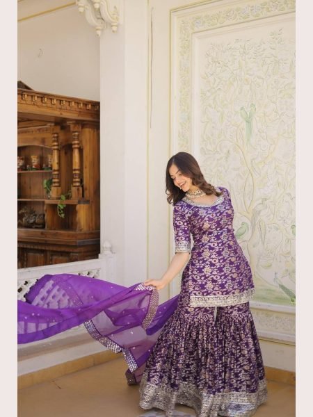 Ready to Wear wine  Kurti Gharara in Viscose Jacquerd  and Embroidery Sequence work with Russion Silk Dupatta  Sharara Set