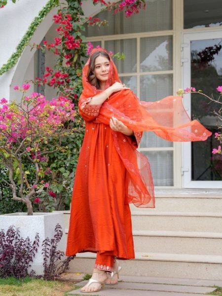 Ready to Wear PV Chanderi Embroidered Suit Set with Cotton Dupatta 3 Piece Wholesale Collection for Resellers 3 Piece Kurti Set