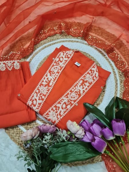 Ready to Wear PV Chanderi Embroidered Suit Set with Cotton Dupatta 3 Piece Wholesale Collection for Resellers 3 Piece Kurti Set