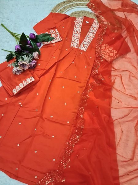 Ready to Wear PV Chanderi Embroidered Suit Set with Cotton Dupatta 3 Piece Wholesale Collection for Resellers 3 Piece Kurti Set