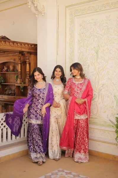 Ready to Wear Rani pink Kurti Gharara in Viscose Jacquerd  and Embroidery Sequence work with Russion Silk Dupatta  Sharara Set