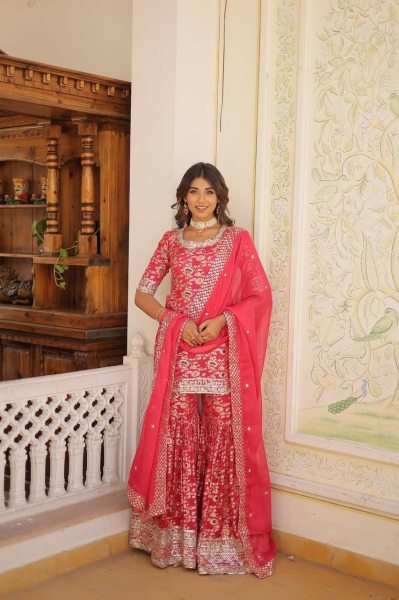 Ready to Wear Rani pink Kurti Gharara in Viscose Jacquerd  and Embroidery Sequence work with Russion Silk Dupatta  Sharara Set