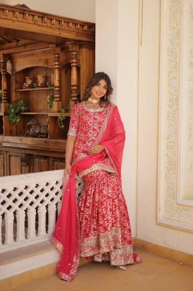 Ready to Wear Rani pink Kurti Gharara in Viscose Jacquerd  and Embroidery Sequence work with Russion Silk Dupatta  Sharara Set