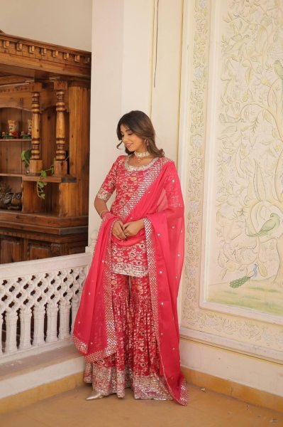 Ready to Wear Rani pink Kurti Gharara in Viscose Jacquerd  and Embroidery Sequence work with Russion Silk Dupatta  Sharara Set