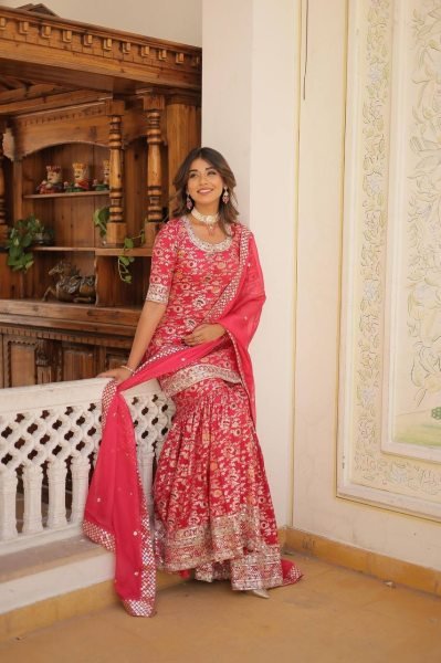 Ready to Wear Rani pink Kurti Gharara in Viscose Jacquerd  and Embroidery Sequence work with Russion Silk Dupatta  Sharara Set