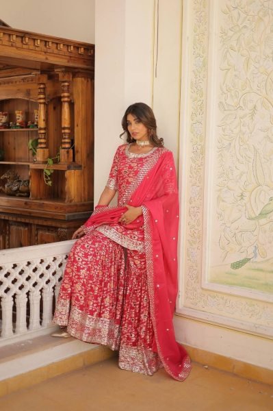 Ready to Wear Rani pink Kurti Gharara in Viscose Jacquerd  and Embroidery Sequence work with Russion Silk Dupatta  Sharara Set